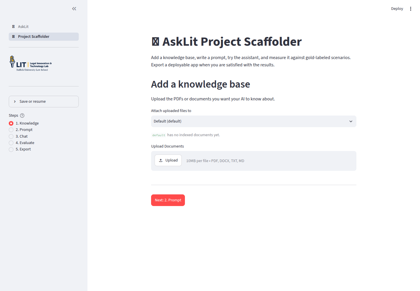 The current AskLIT Knowledge screen, showing the prompt profile selector and document uploader.