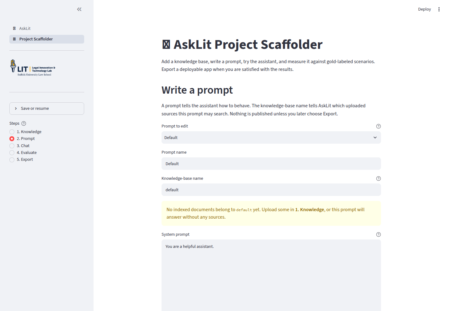 The current AskLIT Prompt screen, showing the prompt name, knowledge-base name, and system-prompt editor.
