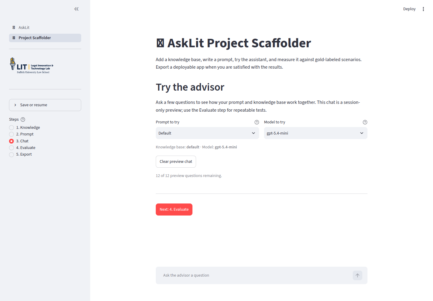 The current AskLIT Chat screen, showing prompt and model selectors, the preview limit, and the question box.