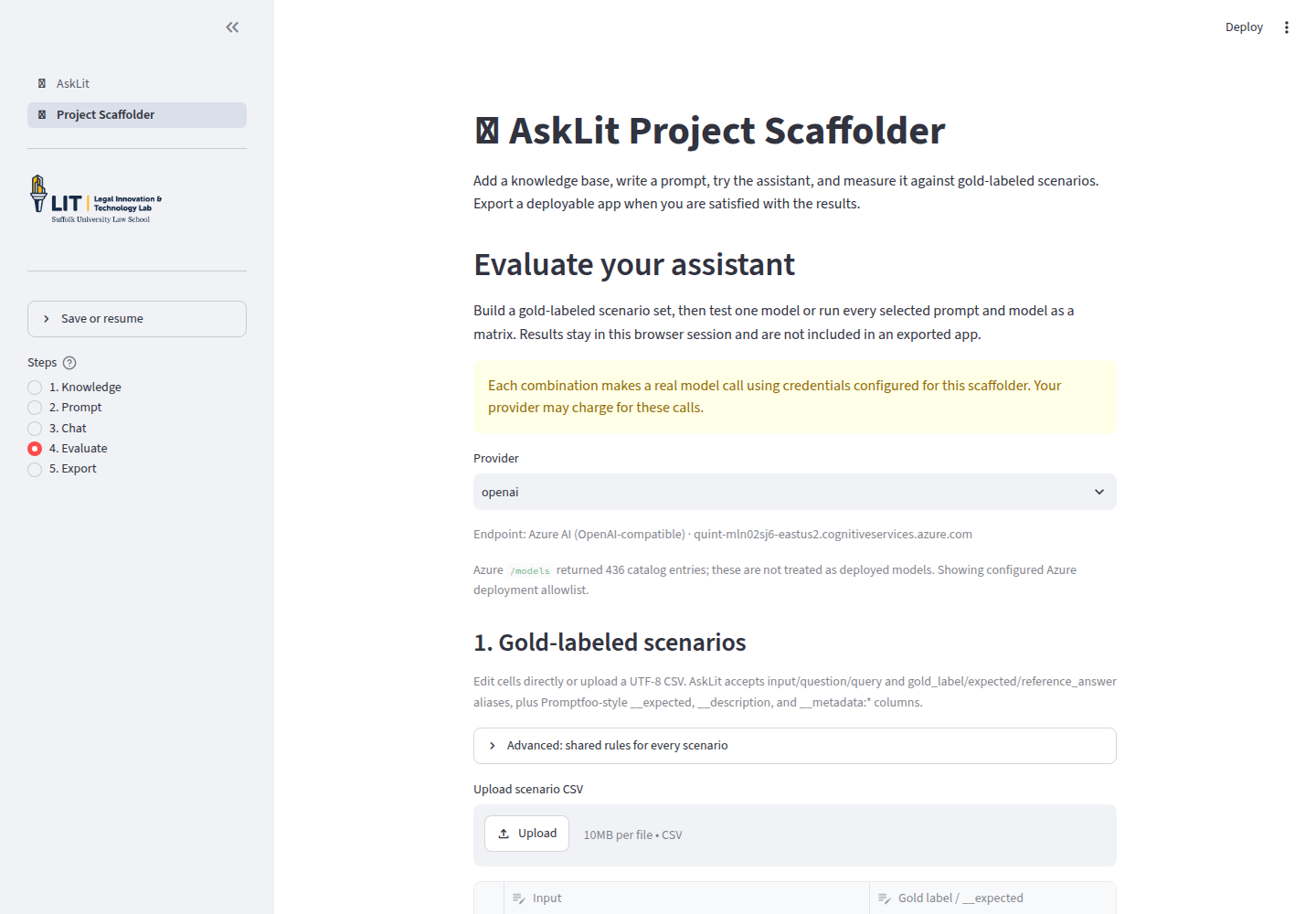 The current AskLIT Evaluate screen, showing provider controls, the gold-labeled scenario editor, and the beginning of Run settings.