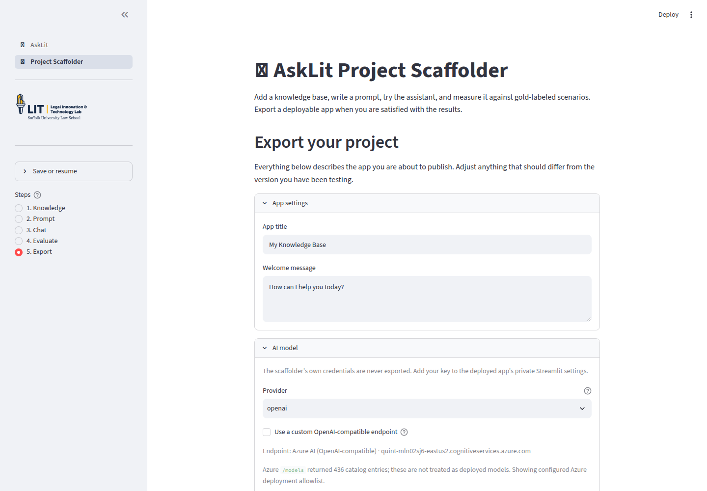 The current AskLIT Export screen, showing App settings and AI model panels before the deployment summaries and publish options.