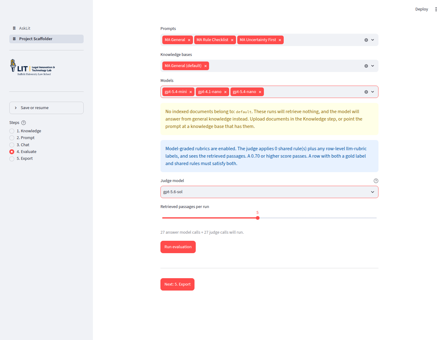 Evaluation setup for the Massachusetts eviction deadline matrix without an indexed knowledge base.