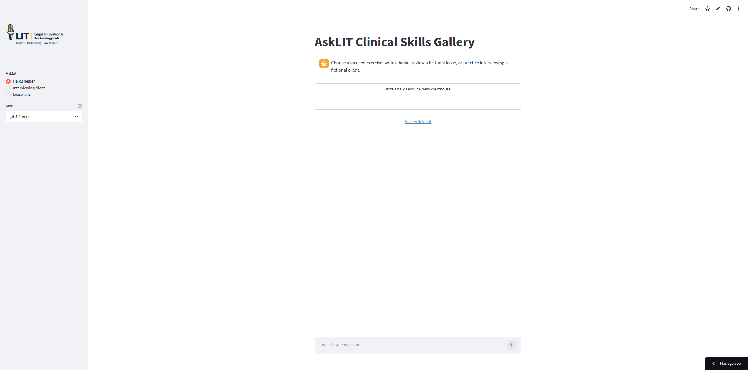 The live AskLIT Clinical Skills Gallery with the Haiku helper selected and its conversation starter visible.