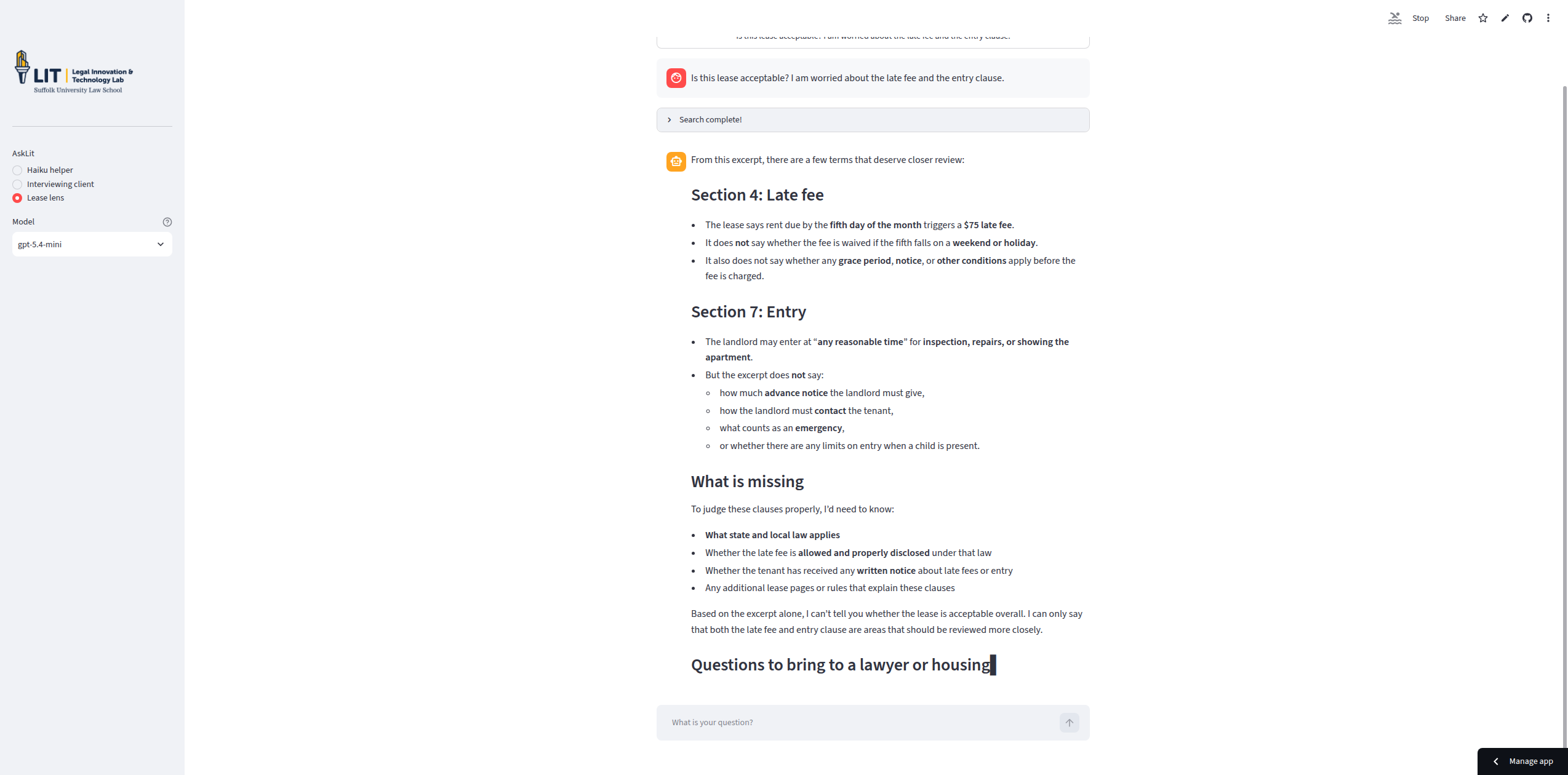 The live Lease lens response identifying fictional lease sections, missing facts, and questions for a lawyer or housing counselor.