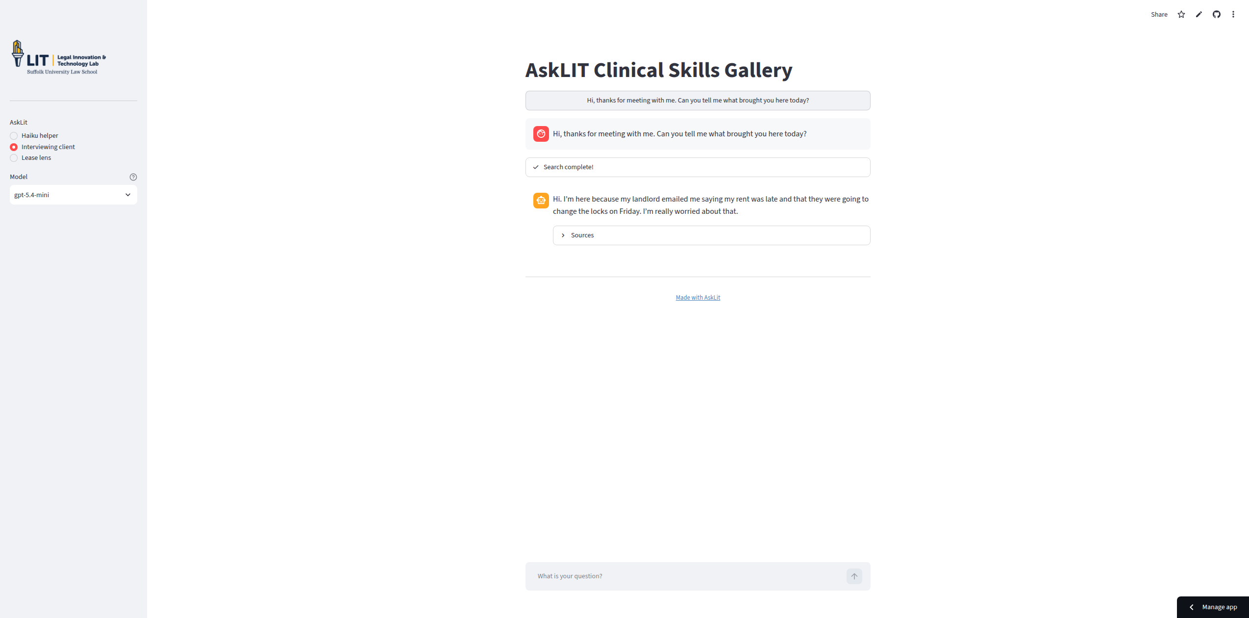 The live Interviewing client profile responding in role to an open-ended intake question.