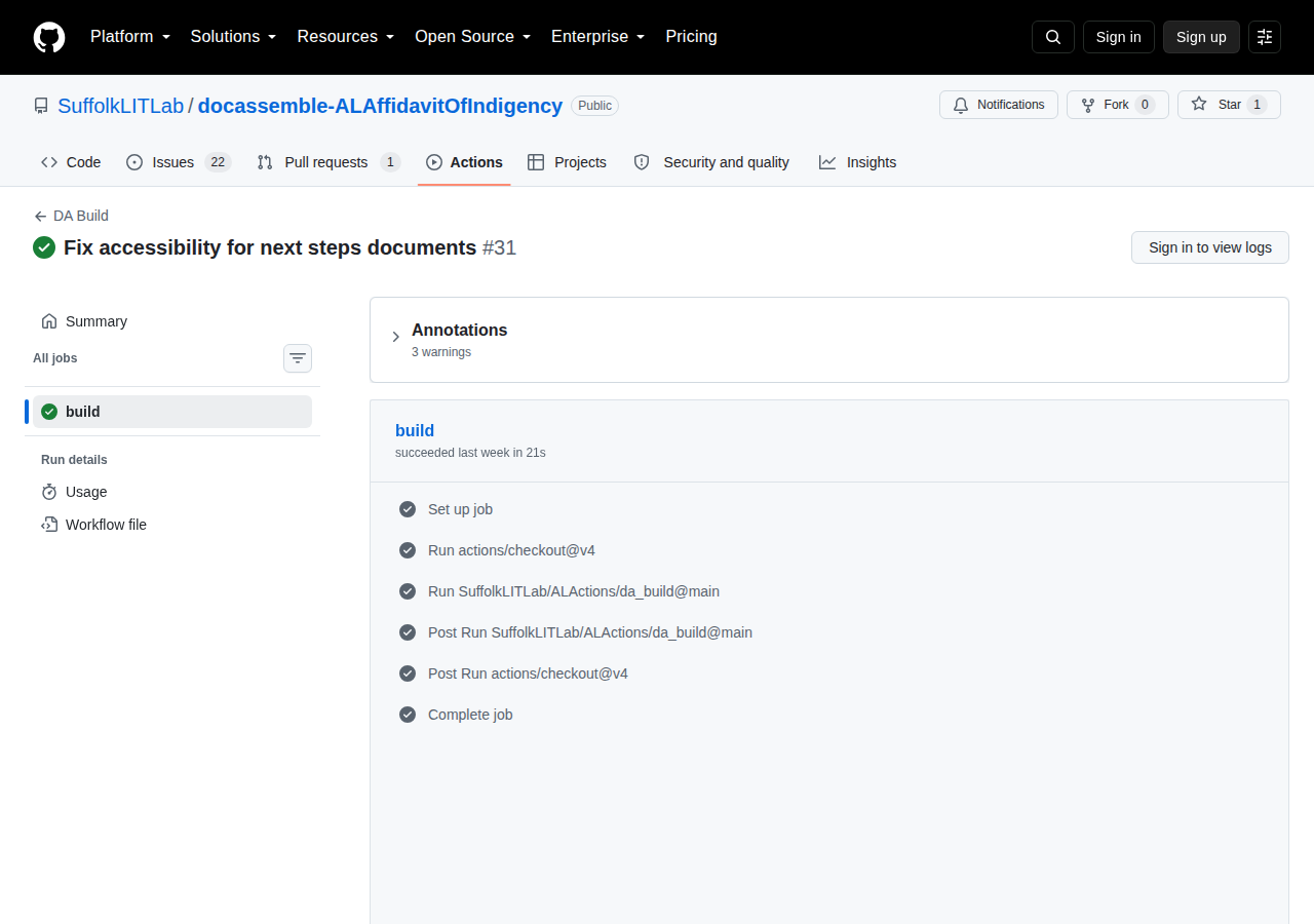 The GitHub Actions log viewer with a job's steps expanded
