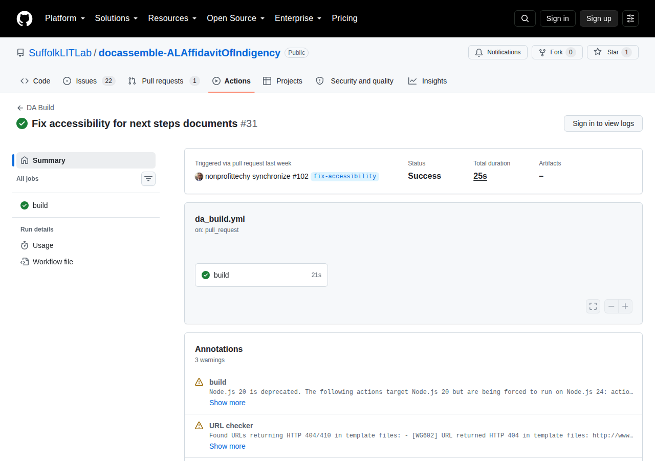 The summary page of a da_build workflow run, showing a successful build job and an annotations panel listing URL checker warnings