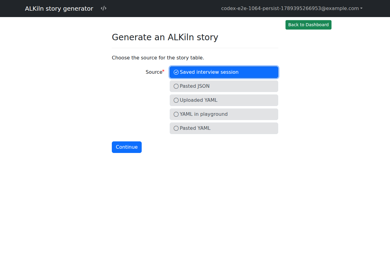 Generate an ALKiln story from a saved session, JSON, or YAML in ALDashboard