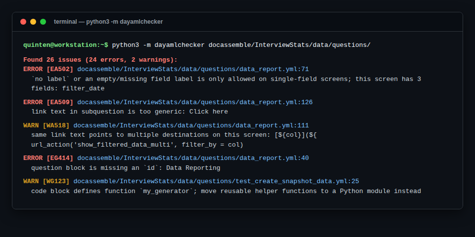 A terminal running dayamlchecker over a questions directory, listing findings with codes EA502, EA509, WA518, EG414, and WG123