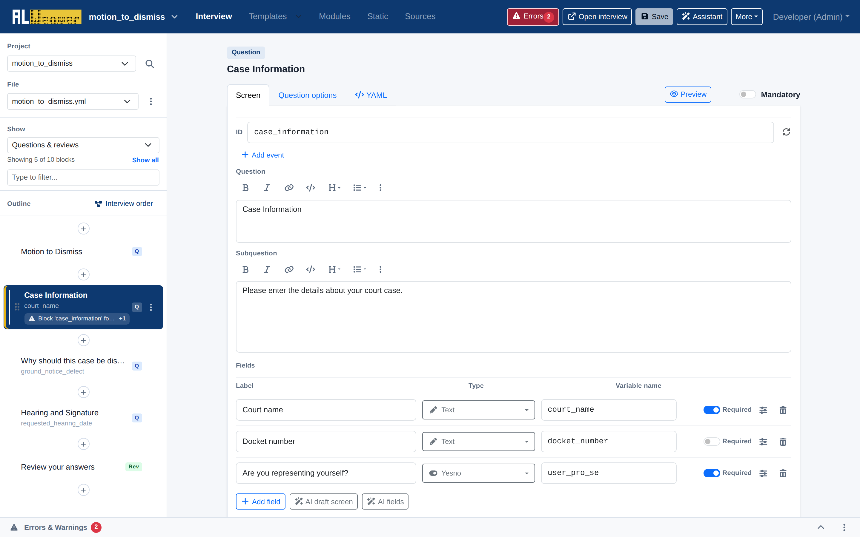 Main WYSIWYM Screen Editor Workspace