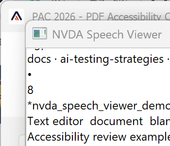 NVDA Speech Viewer displaying a synthetic accessibility-review transcript