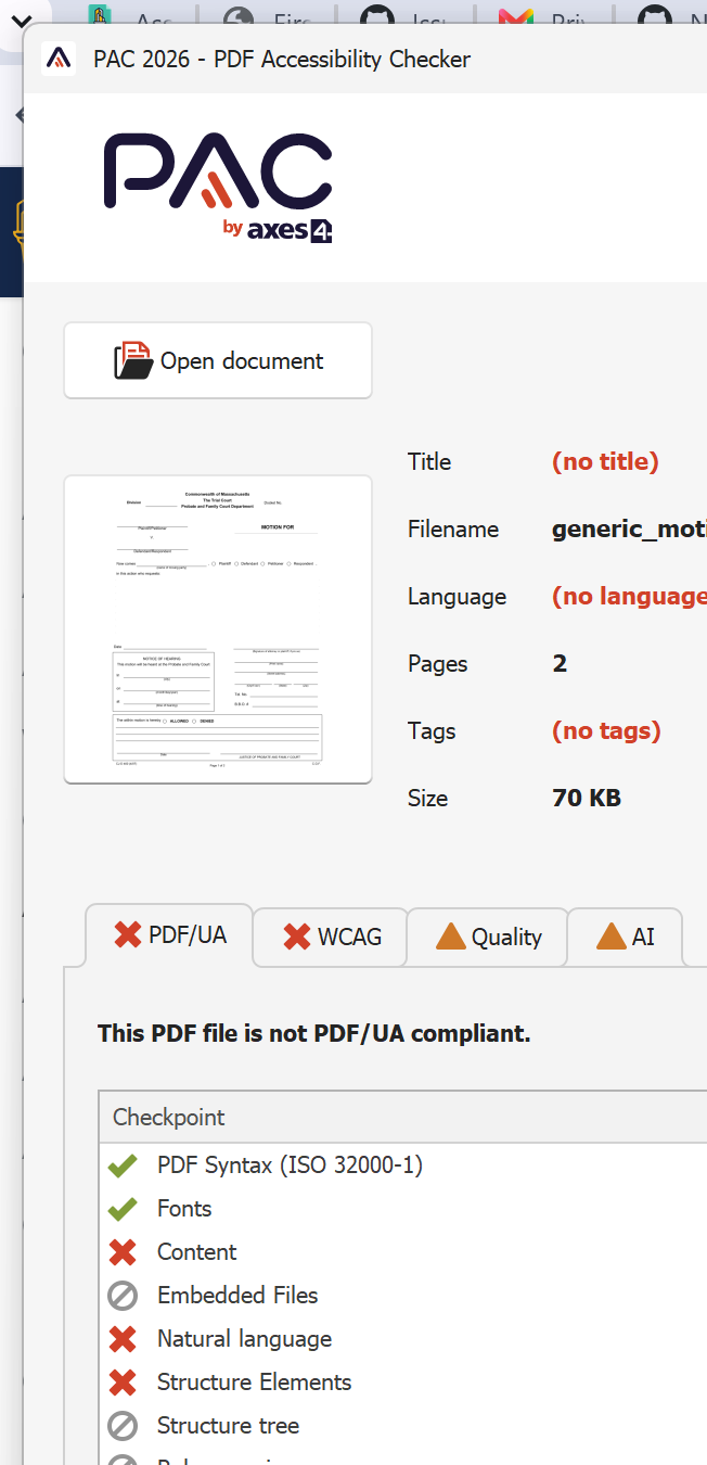 PAC 2026 showing PDF/UA, WCAG, Quality, and AI results for a sample PDF