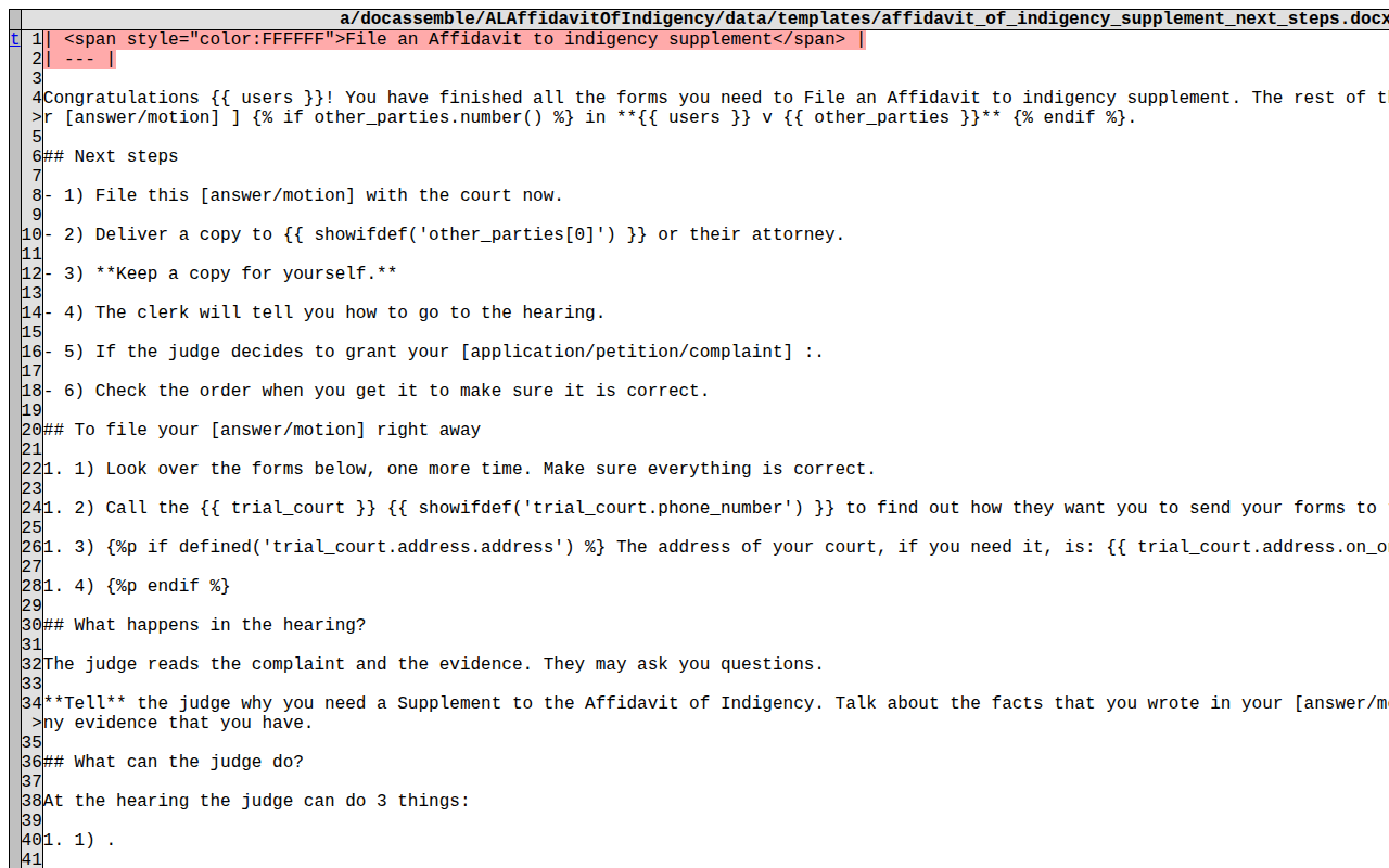 A side-by-side HTML diff of two versions of a Word template, with removed text on the left and added text on the right